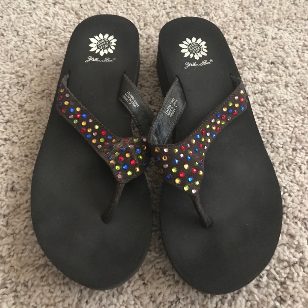 Yellow Box multi-colored flip flops, size 9